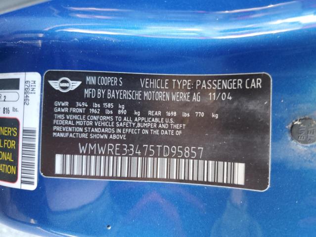 WMWRE33475TD95857 - 2005 MINI COOPER S BLUE photo 12