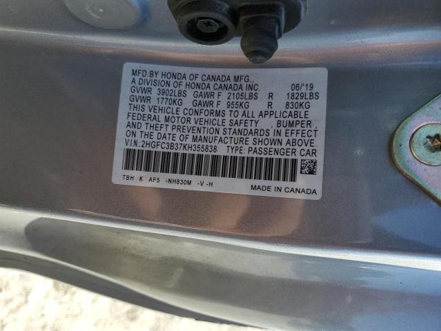 2HGFC3B37KH355838 - 2019 HONDA CIVIC EX SILVER photo 12