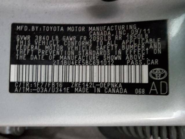 2T1BU4EE5BC691012 - 2011 TOYOTA COROLLA BASE SILVER photo 12