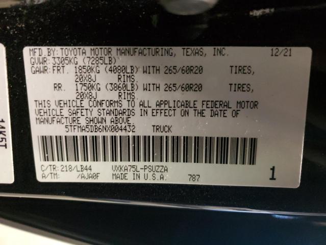 5TFMA5DB6NX004432 - 2022 TOYOTA TUNDRA CREWMAX PLATINUM Schwarz Foto 12