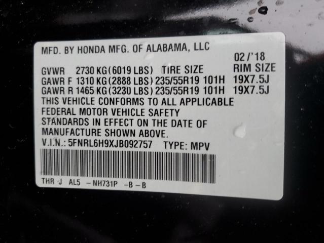 5FNRL6H9XJB092757 - 2018 HONDA ODYSSEY ELITE Schwarz Foto 13