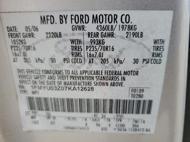 1FMYU03Z07KA12628 - 2007 FORD ESCAPE XLT GRAY photo 12