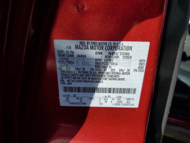 4F2CZ96166KM32953 - 2006 MAZDA TRIBUTE S RED photo 12