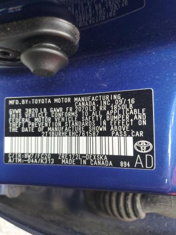 2T1BURHEXHC761587 - 2017 TOYOTA COROLLA L BLUE photo 13