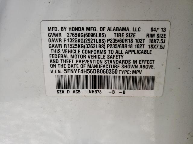 5FNYF4H56DB060350 - 2013 HONDA PILOT EXL WHITE photo 13