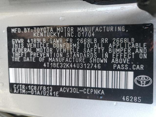 4T1BE32K44U312746 - 2004 TOYOTA CAMRY LE SILVER photo 12