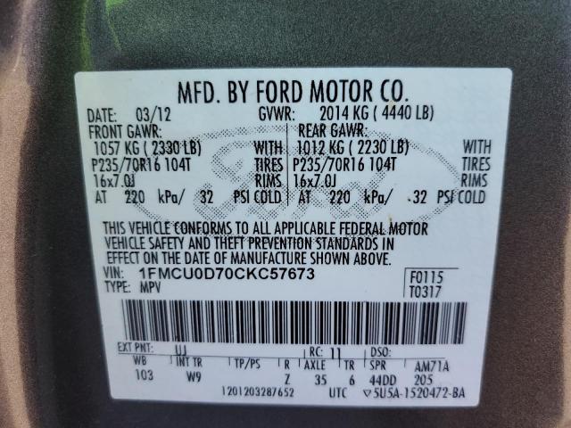 1FMCU0D70CKC57673 - 2012 FORD ESCAPE XLT GRAY photo 12