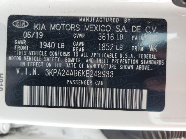 3KPA24AB6KE248933 - 2019 KIA RIO S WHITE photo 13