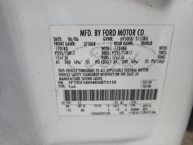 1FTRX14W46NB73135 - 2006 FORD F150 WHITE photo 12