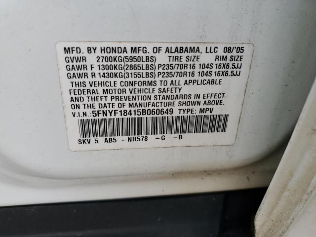 5FNYF18415B060649 - 2005 HONDA PILOT EX WHITE photo 13