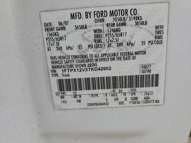 1FTPX12VX7KD42952 - 2007 FORD F150 WHITE photo 12