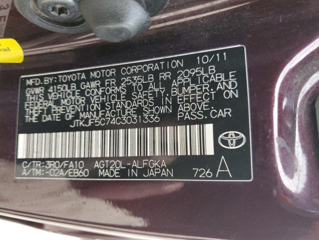 JTKJF5C74C3031336 - 2012 TOYOTA SCION TC MAROON photo 12