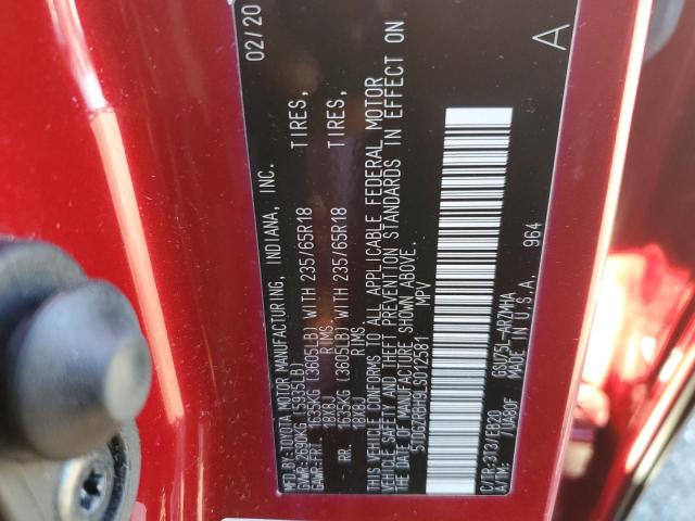 5TDGZRBH9LS012581 - 2020 TOYOTA HIGHLANDER XLE RED photo 14