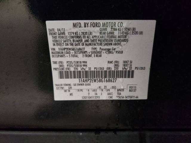 1FAHP2EW5BG168627 - 2011 FORD TAURUS SEL BLACK photo 12