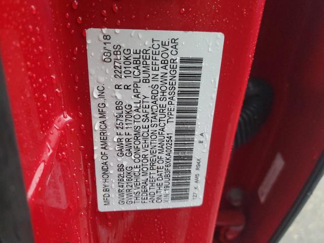 19UUB3F6XKA002541 - 2019 ACURA TLX TECHNOLOGY RED photo 12