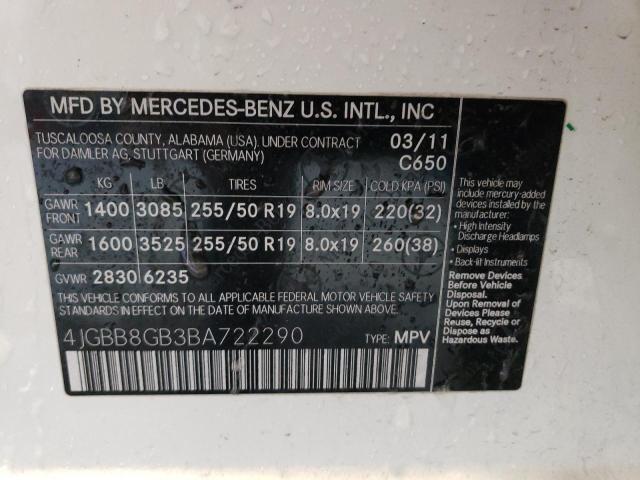 4JGBB8GB3BA722290 - 2011 MERCEDES-BENZ ML 350 4MATIC WHITE photo 13