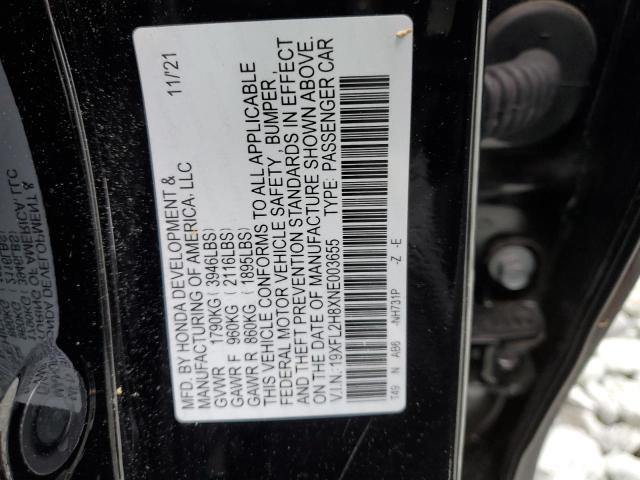 19XFL2H8XNE003655 - 2022 HONDA CIVIC SPORT BLACK photo 12