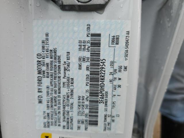 3FA6P0HD4KR229545 - 2019 FORD FUSION SE WHITE photo 13