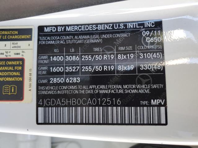 4JGDA5HB0CA012516 - 2012 MERCEDES-BENZ ML 350 4MATIC WHITE photo 13