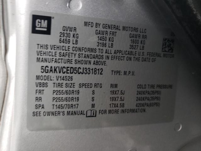 5GAKVCED5CJ331812 - 2012 BUICK ENCLAVE SILVER photo 12