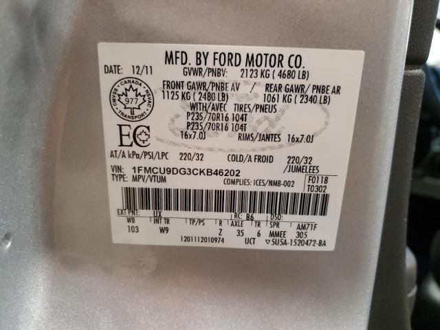 1FMCU9DG3CKB46202 - 2012 FORD ESCAPE XLT SILVER photo 13