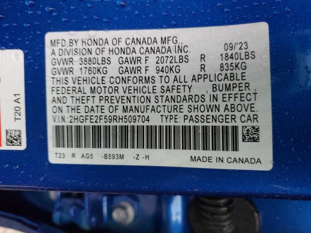 2HGFE2F59RH509704 - 2024 HONDA CIVIC SPORT BLUE photo 12