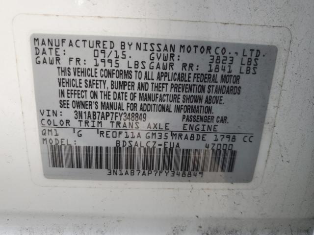 3N1AB7AP7FY348849 - 2015 NISSAN SENTRA S WHITE photo 13