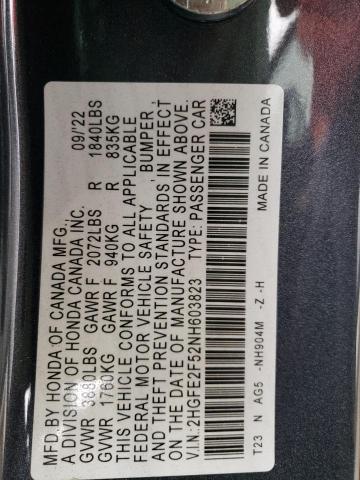 2HGFE2F52NH603823 - 2022 HONDA CIVIC SPORT GRAY photo 12