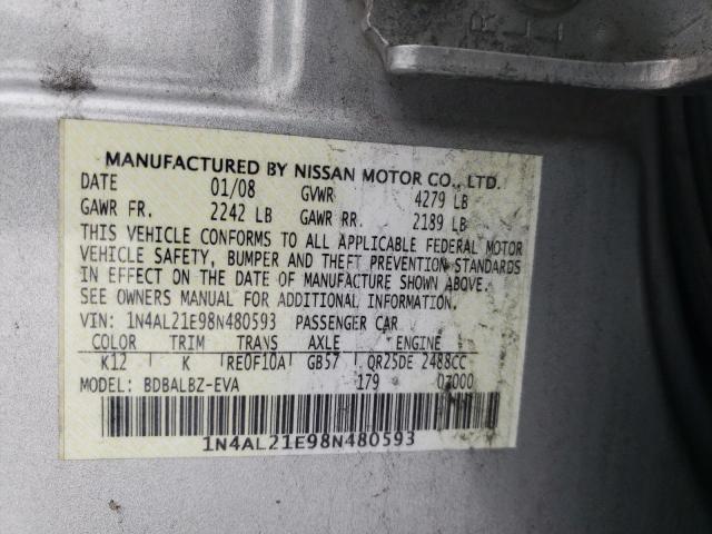 1N4AL21E98N480593 - 2008 NISSAN ALTIMA 2.5 SILVER photo 12