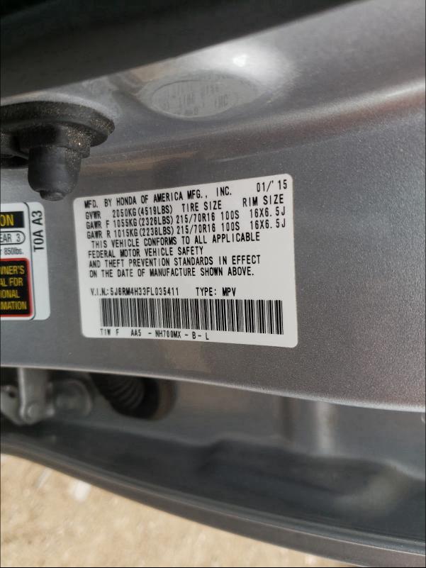 5J6RM4H33FL035411 - 2015 HONDA CR-V LX SILVER photo 10