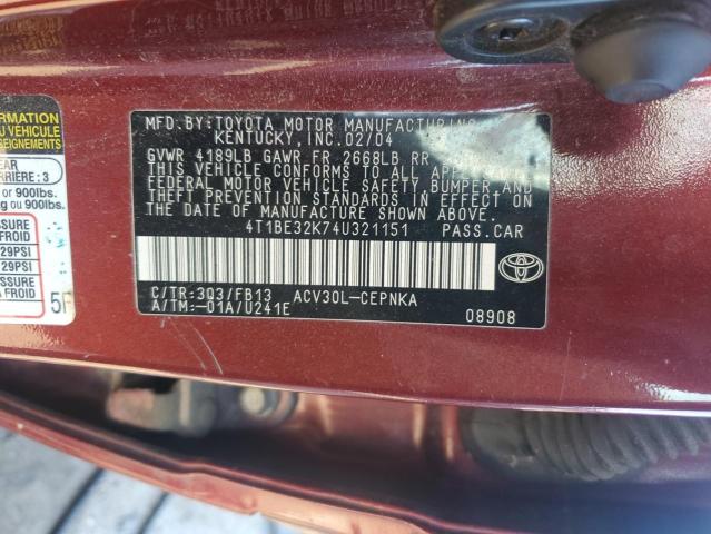 4T1BE32K74U321151 - 2004 TOYOTA CAMRY LE BURGUNDY photo 12