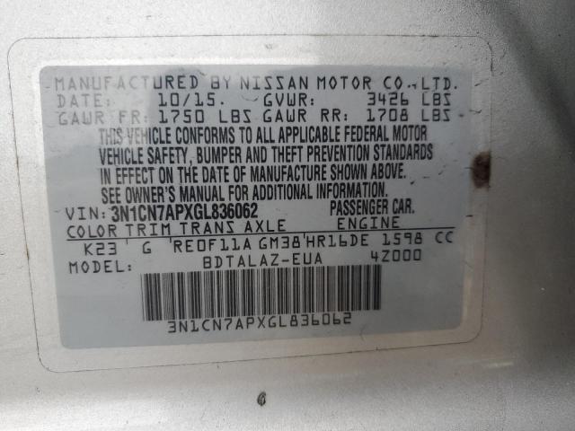 3N1CN7APXGL836062 - 2016 NISSAN VERSA S SILVER photo 12