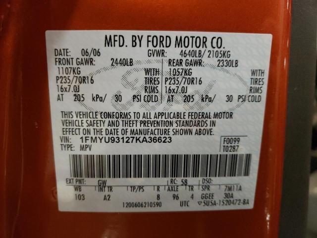 1FMYU93127KA36623 - 2007 FORD ESCAPE XLT ORANGE photo 12