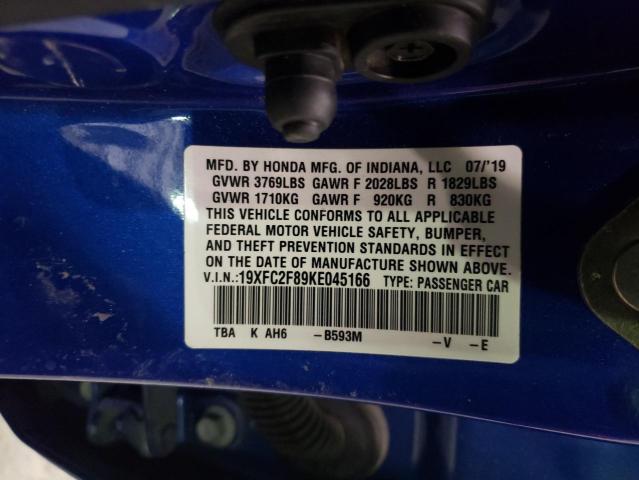 19XFC2F89KE045166 - 2019 HONDA CIVIC SPORT BLUE photo 13