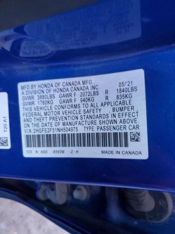 2HGFE2F51NH504975 - 2022 HONDA CIVIC SPORT 蓝色 照片 12