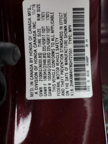 2HKRM4H78GH727551 - 2016 HONDA CR-V EXL BURGUNDY photo 12