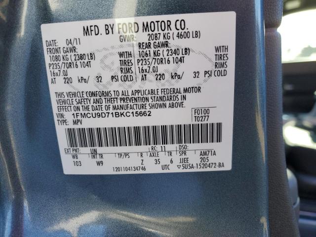 1FMCU9D71BKC15662 - 2011 FORD ESCAPE XLT BLUE photo 12