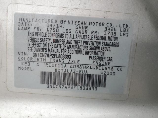 3N1CN7AP2FL803393 - 2015 NISSAN VERSA S SILVER photo 12