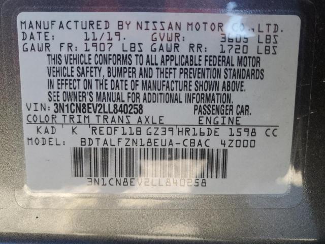 3N1CN8EV2LL840258 - 2020 NISSAN VERSA SV GRAY photo 13