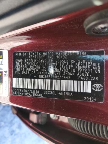 4T1BK36B78U271442 - 2008 TOYOTA AVALON XL MAROON photo 12