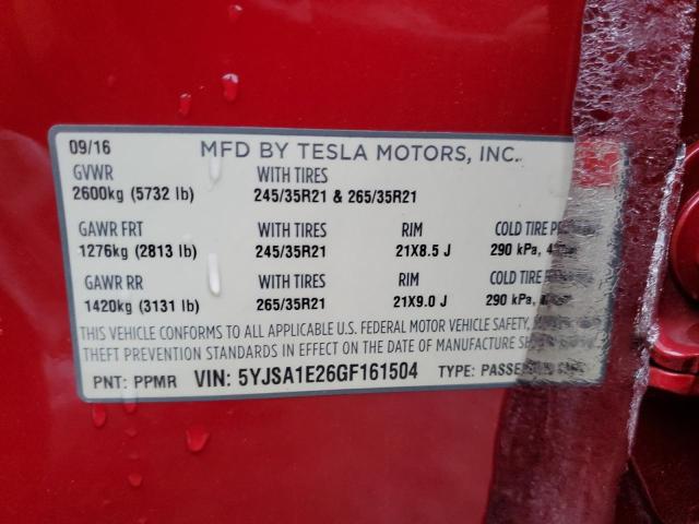 5YJSA1E26GF161504 - 2016 TESLA MODEL S RED photo 12