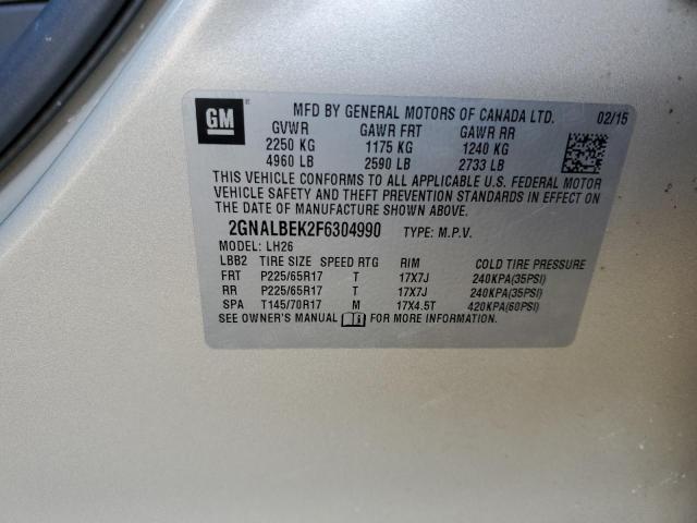 2GNALBEK2F6304990 - 2015 CHEVROLET EQUINOX LT BEIGE photo 12