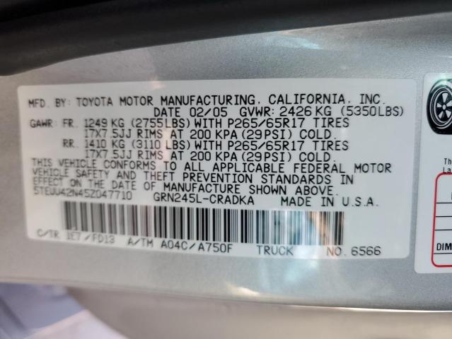 5TEUU42N45Z047710 - 2005 TOYOTA TACOMA ACCESS CAB ვერცხლისფერი ფოტო 12