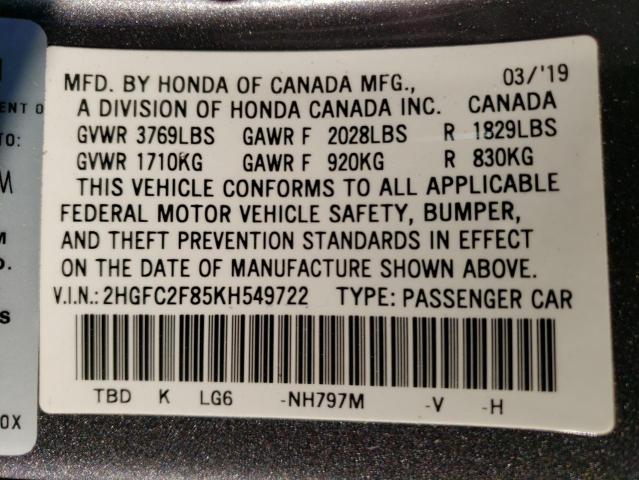 2HGFC2F85KH549722 - 2019 HONDA CIVIC SPORT 灰色 照片 13