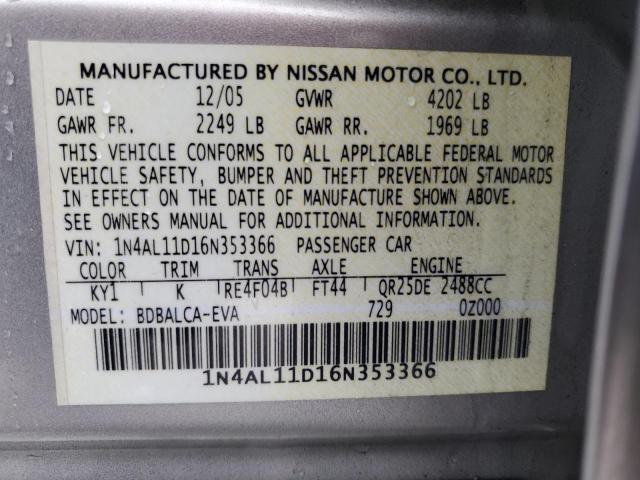 1N4AL11D16N353366 - 2006 NISSAN ALTIMA S SILVER photo 13