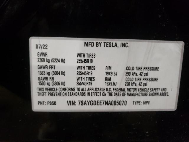 7SAYGDEE7NA005070 - 2022 TESLA MODEL Y BLACK photo 12