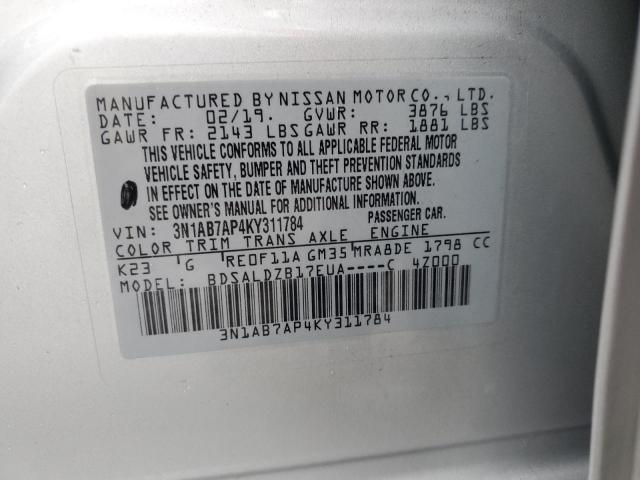 3N1AB7AP4KY311784 - 2019 NISSAN SENTRA S SILVER photo 10