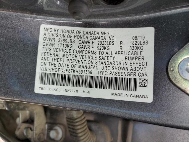 2HGFC2F87KH591566 - 2019 HONDA CIVIC SPORT Մոխրագույն լուսանկար 12