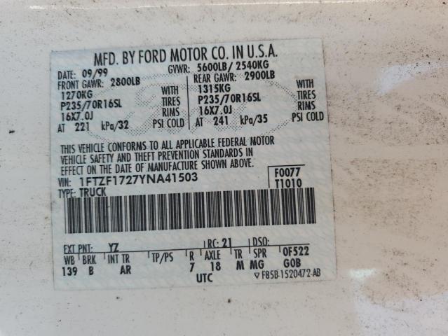 1FTZF1727YNA41503 - 2000 FORD F150 WHITE photo 12