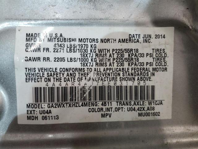 4A4AR4AU7EE031705 - 2014 MITSUBISHI OUTLANDER SE SILVER photo 12